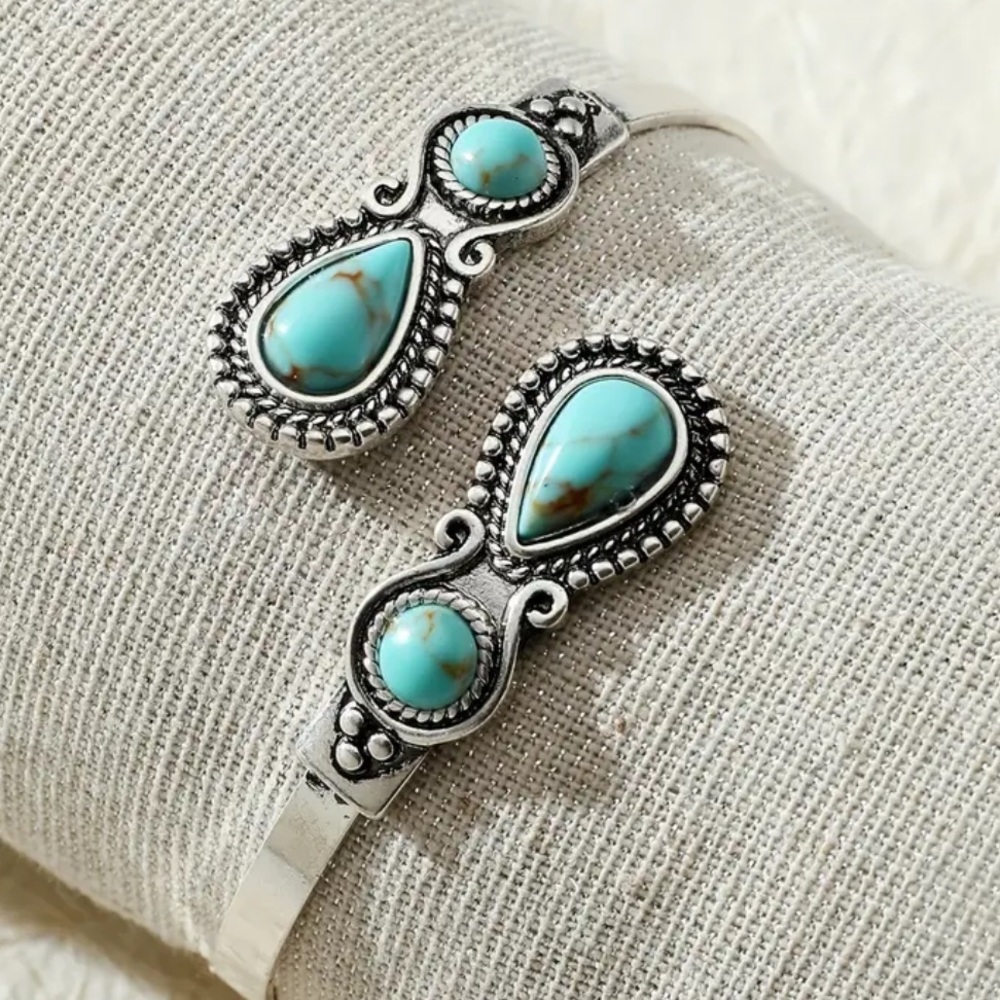 Boho Silver Wrap Cuff Bracelet with Turquoise Stone Accents